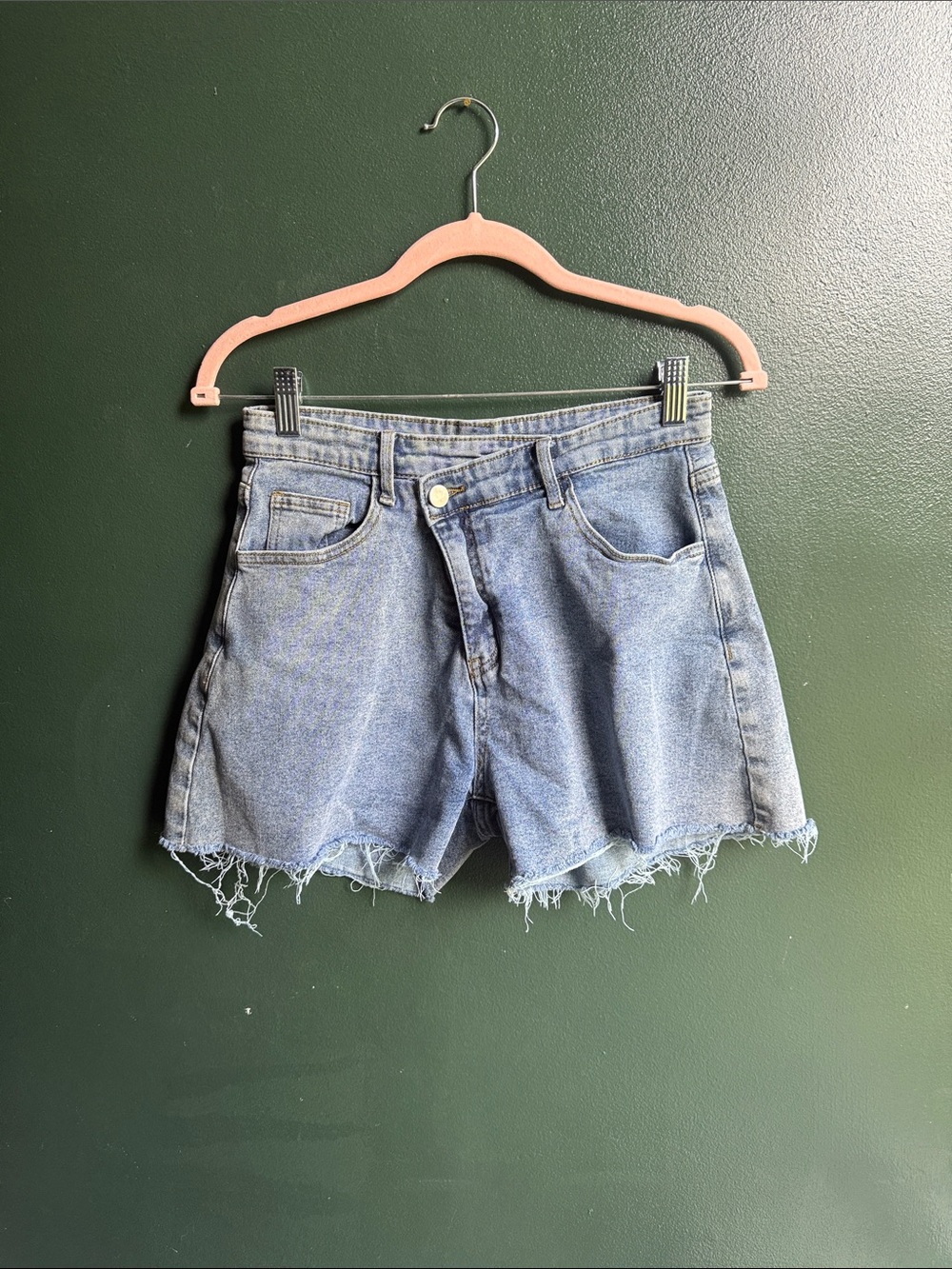 High-Rise Light Blue Denim Cutoff Shorts with Frayed Hem